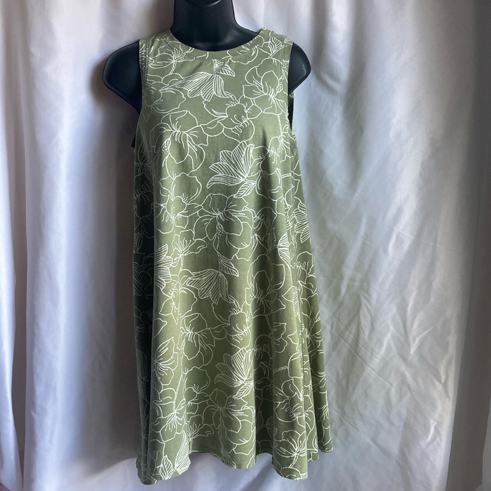 Dip Floral on Green Loose Swing Cotton Dress Sleeveless Size Medium